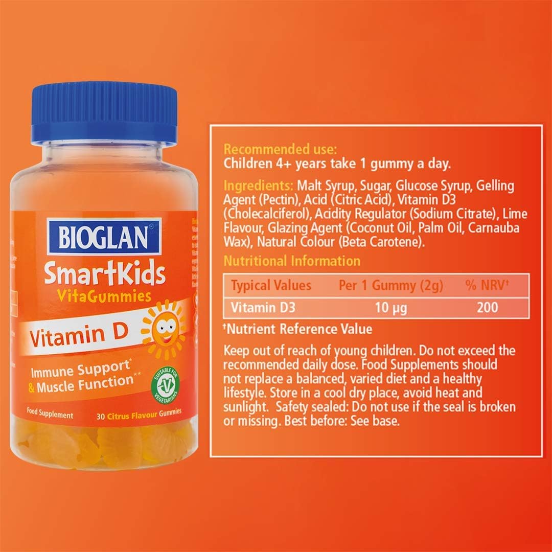 Vitamin D, also known as the sunshine vitamin, is an essential nutrient which the body makes upon exposure to sunlight. It is important for children to get enough vitamin D, especially in countries where they are not exposed to enough sunshine. Bioglan Smart kids vitamin D vitagummies provide 10μg of vitamin D to protect your little sunshine. Best of all they come in a delicious citrus flavoured gummy which they will love!