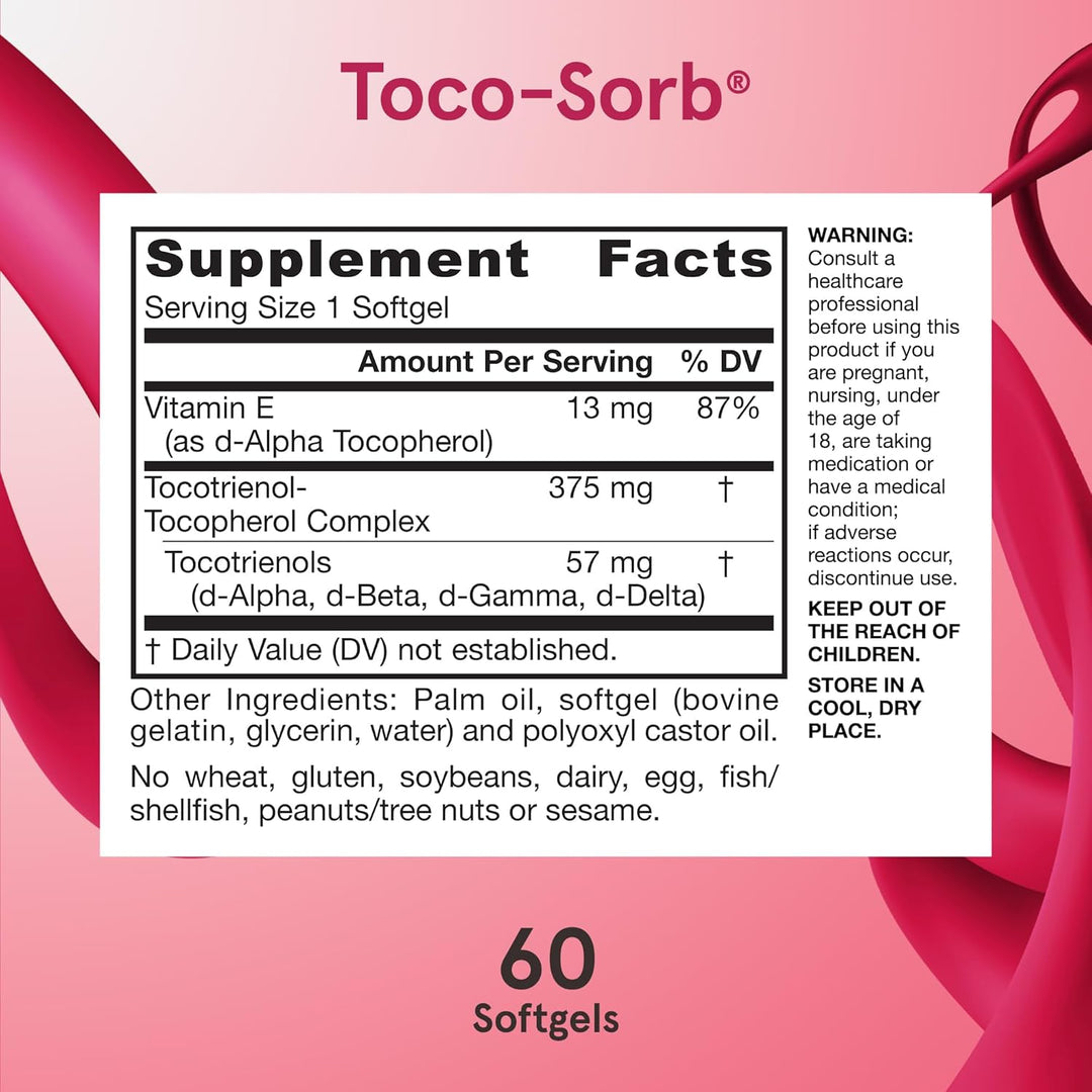 Tocotrienol-Tocopherol Complex and Vitamin E for Brain Health: One 60 count bottle of Jarrow Formulas Toco-Sorb Dietary Supplement for 30-day supply