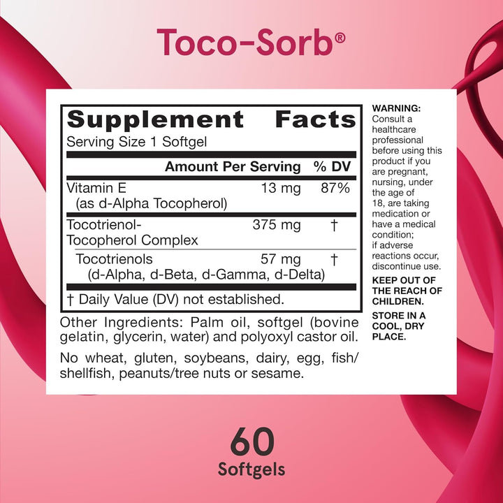 Tocotrienol-Tocopherol Complex and Vitamin E for Brain Health: One 60 count bottle of Jarrow Formulas Toco-Sorb Dietary Supplement for 30-day supply