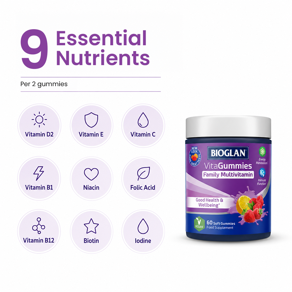 Bioglan Family Multivitamin VitaGummies – 9 Vitamins incl. C, D3 & B12 – 60 Fruit Gummies for the Whole Family, Ages 4+