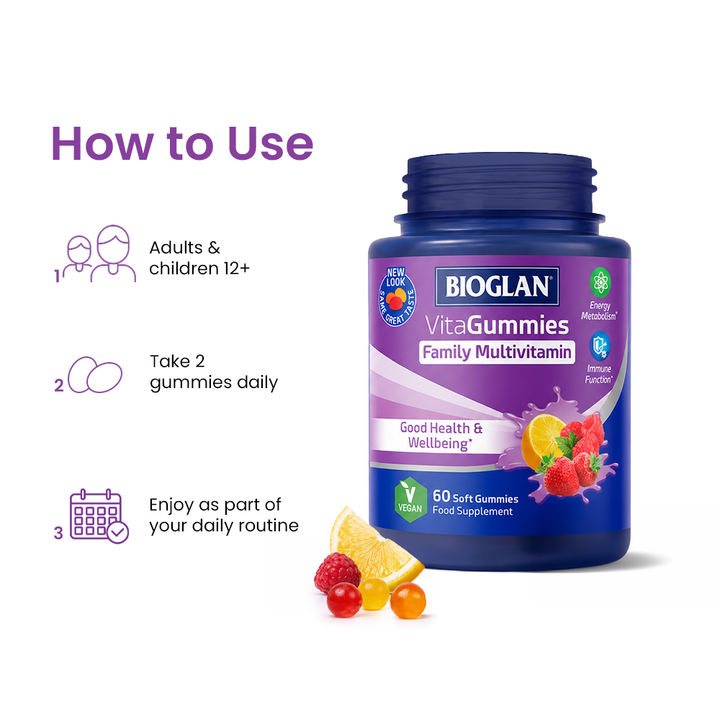 Bioglan Family Multivitamin VitaGummies – 9 Vitamins incl. C, D3 & B12 – 60 Fruit Gummies for the Whole Family, Ages 4+