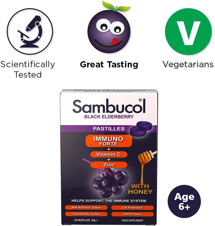 DELICIOUS, NATURAL & NON-DROWSEY - Sambucol is a range of great tasting food supplements founded on the unique qualities of Black Elderberries. Sambucol Immuno Forte Pastilles are soft and chewy with soothing throat action and suitable for Vegetarians