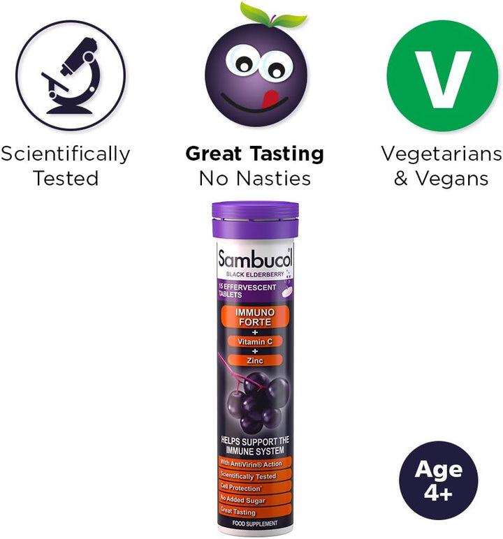 Sambucol Immune Forte Effervescent Tablets contains natural Black Elderberries as well as Vitamin C and Zinc to help strengthen the immune system. Ideal for those who like a lighter version of the great tasting liquid or want a product to take on-the-go.