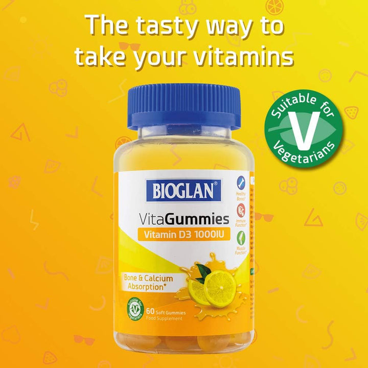 Vitamin D is an essential vitamin which the body makes upon exposure to sunlight. If we do not get enough sunlight this could lead to a vitamin D deficiency .Bioglan Vitamin D3 gummies contain 1000IU of Vitamin D3 per gummy and are a delicious way to support your vitamin D3 levels. Best of all they come in delicious lemon flavour and are so easy to take - with no need for water and no swallowing difficult tablets.