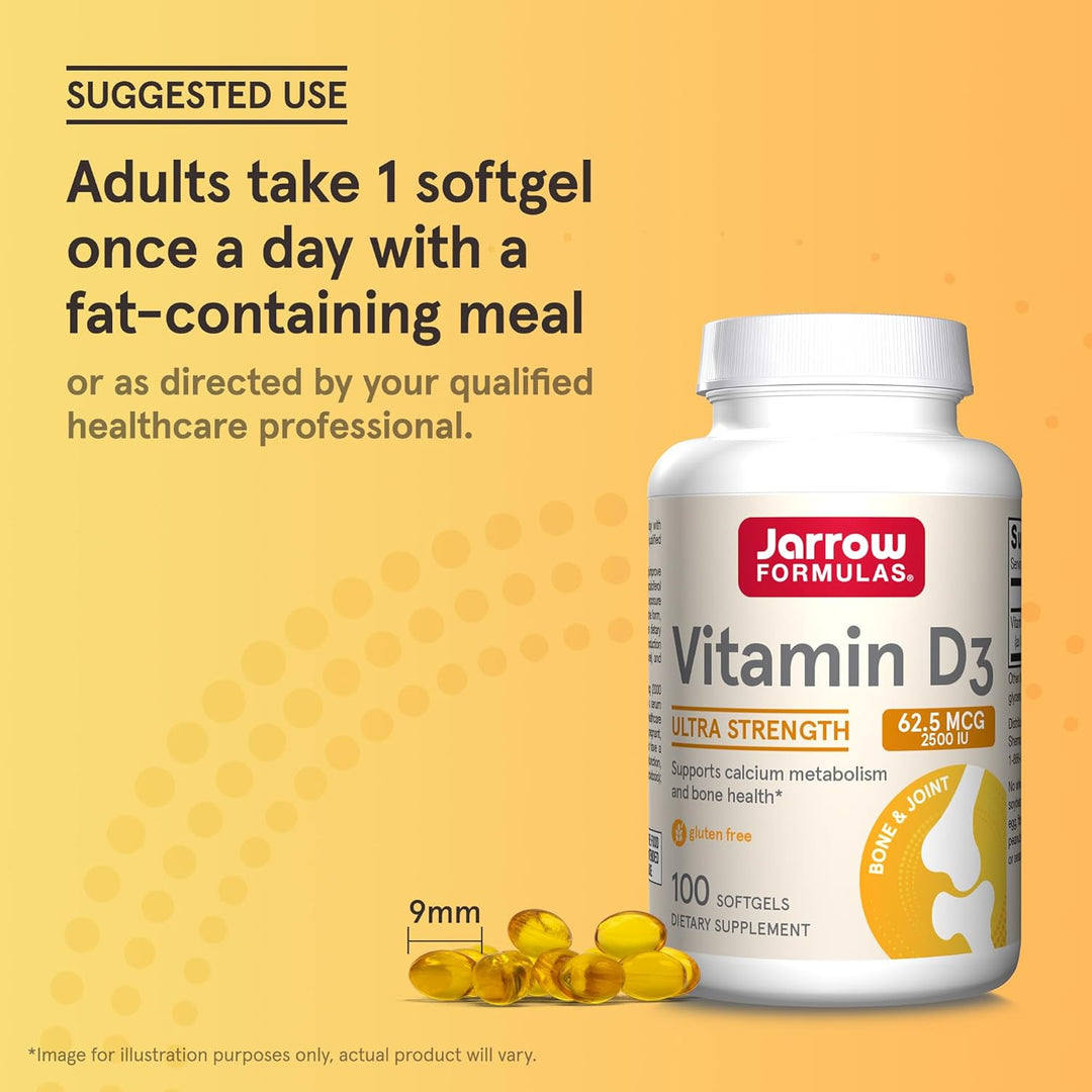 Jarrow Formulas Vitamin D3 is formulated with cholecalciferol, the form of vitamin D that may improve vitamin D status better than equivalent amounts of ergocalciferol (D2).* Each serving of Jarrow Formulas Vitamin D3 contains 62.5 mcg (2,500 IU) of vitamin D3, so you receive the amount of this essential nutrient to support your health