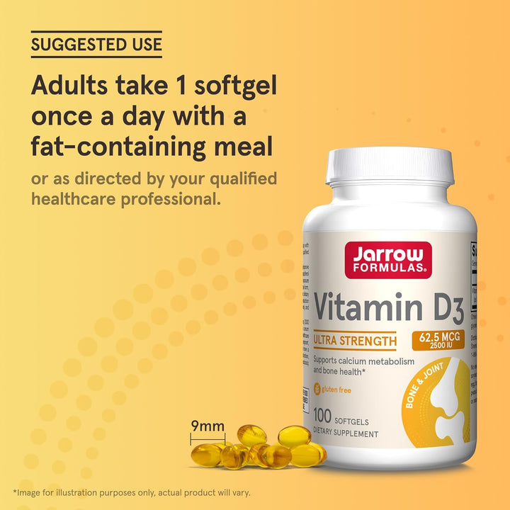 Jarrow Formulas Vitamin D3 is formulated with cholecalciferol, the form of vitamin D that may improve vitamin D status better than equivalent amounts of ergocalciferol (D2).* Each serving of Jarrow Formulas Vitamin D3 contains 62.5 mcg (2,500 IU) of vitamin D3, so you receive the amount of this essential nutrient to support your health