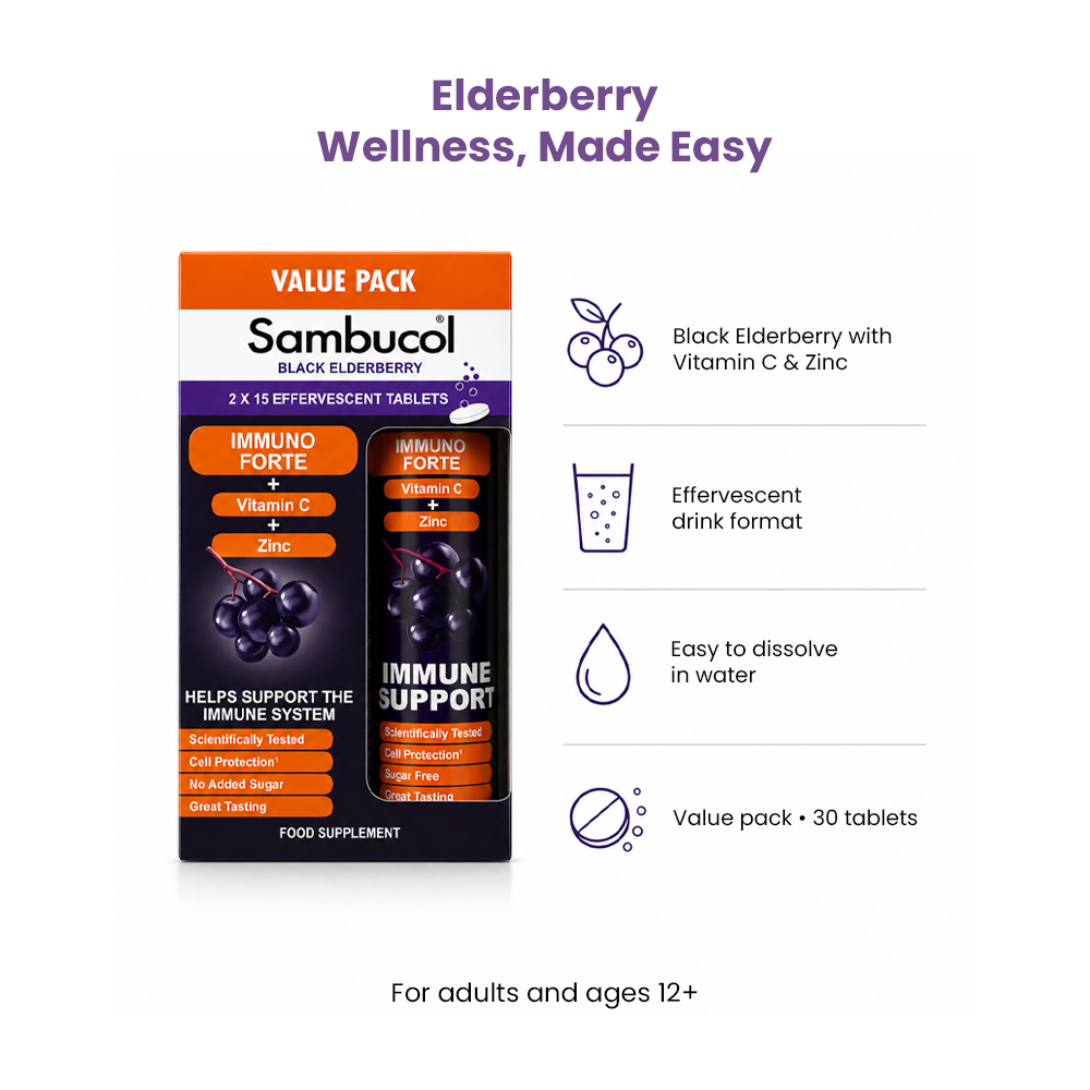 Sambucol Black Elderberry Vitamin C + Zinc Effervescent Value Pack - 30 Tablets