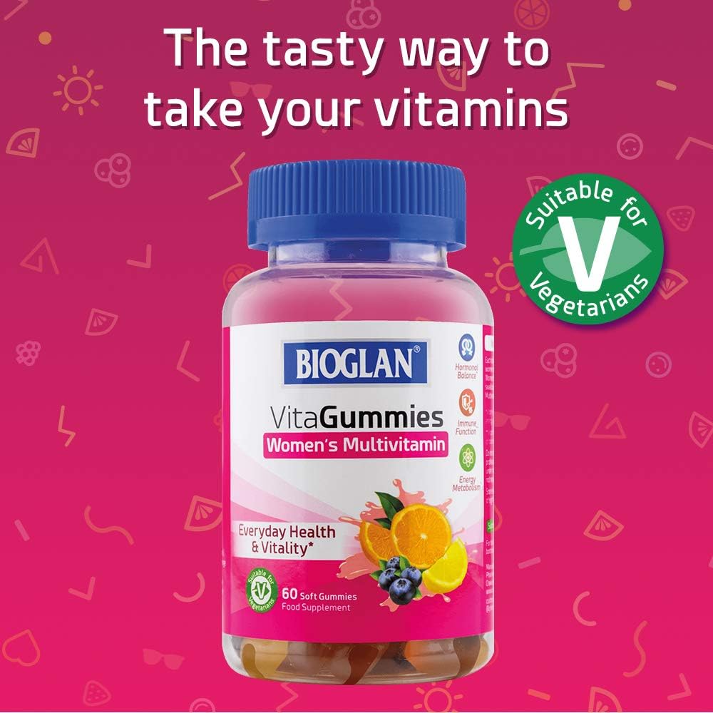 Bioglan Women's Multivitamin VitaGummies are enriched with the key vitamins and minerals that women need to help support daily good health - including hormonal balance, energy metabolism and immune function. Best of all they come in delicious orange, lemon and blueberry flavours and are so easy to take - with no need for water and no swallowing difficult tablets. The dose for adults and children over 12 years is two gummies per day.