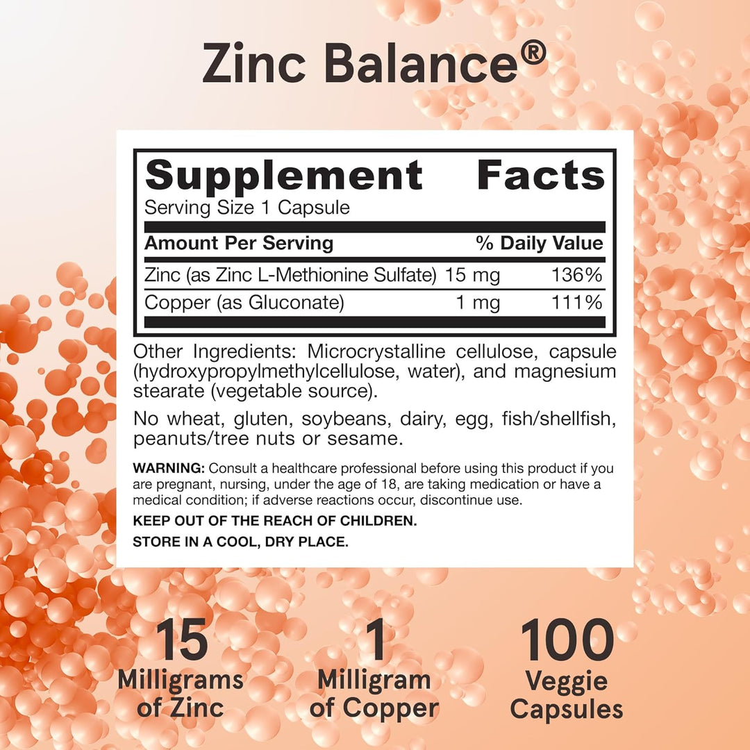 Zinc Supplement for Immune Support: This supplement provides zinc as zinc L-methionine sulfate and copper as gluconate to preserve the copper-zinc ratio*