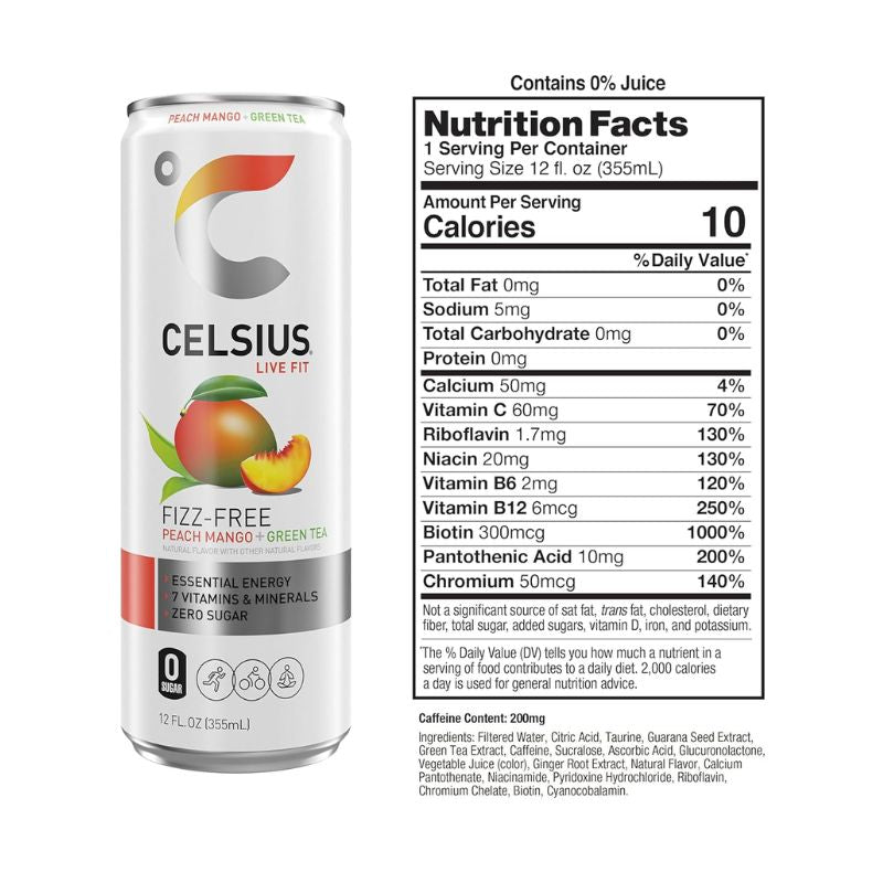 CELSIUS Peach Mango Green Tea, Essential Energy Drink - 355 ml - Pack of 12