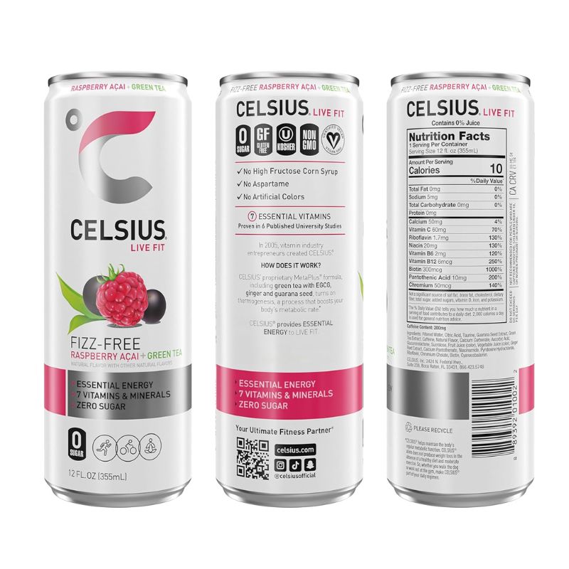 CELSIUS Raspberry Acai Green Tea Essential Thermogenic Energy Drink 355 ML - Pack of 12 Pack of Three | Fitaminat