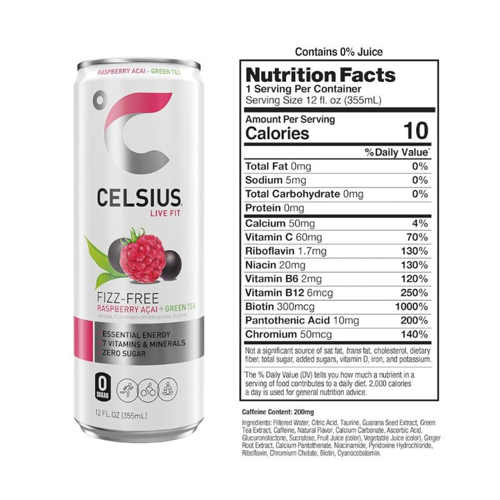 CELSIUS Raspberry Acai Green Tea Essential Thermogenic Energy Drink 355 ML - Pack of 12 Nutrition Facts | Fitaminat