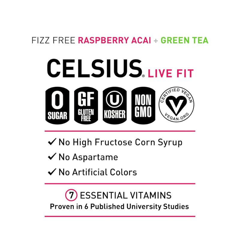 CELSIUS Raspberry Acai Green Tea Essential Thermogenic Energy Drink 355 ML - Pack of 12 Zero Sugar Gluten Free | Fitaminat