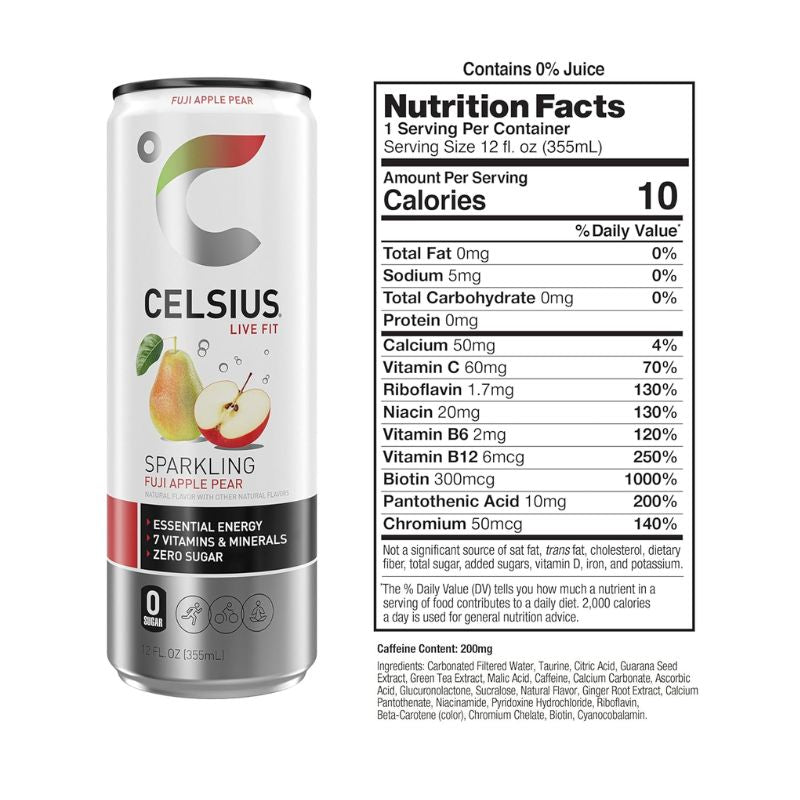 CELSIUS Sparkling Fuji Apple Pear Essential Energy Carbonated Drink - 355 ML Nutrition Facts | Fitaminat