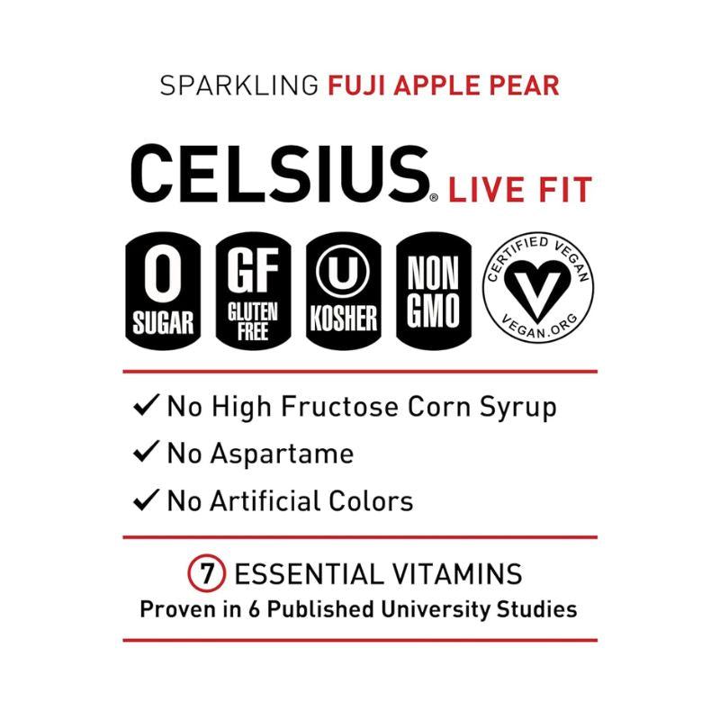 CELSIUS Sparkling Fuji Apple Pear Essential Energy Carbonated Drink - 355 ML Seven Vitamins | Fitaminat