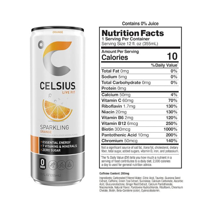 CELSIUS Sparkling Orange Functional Essential Energy with Vitamin C - 355 ML Nutrition Facts | Fitaminat