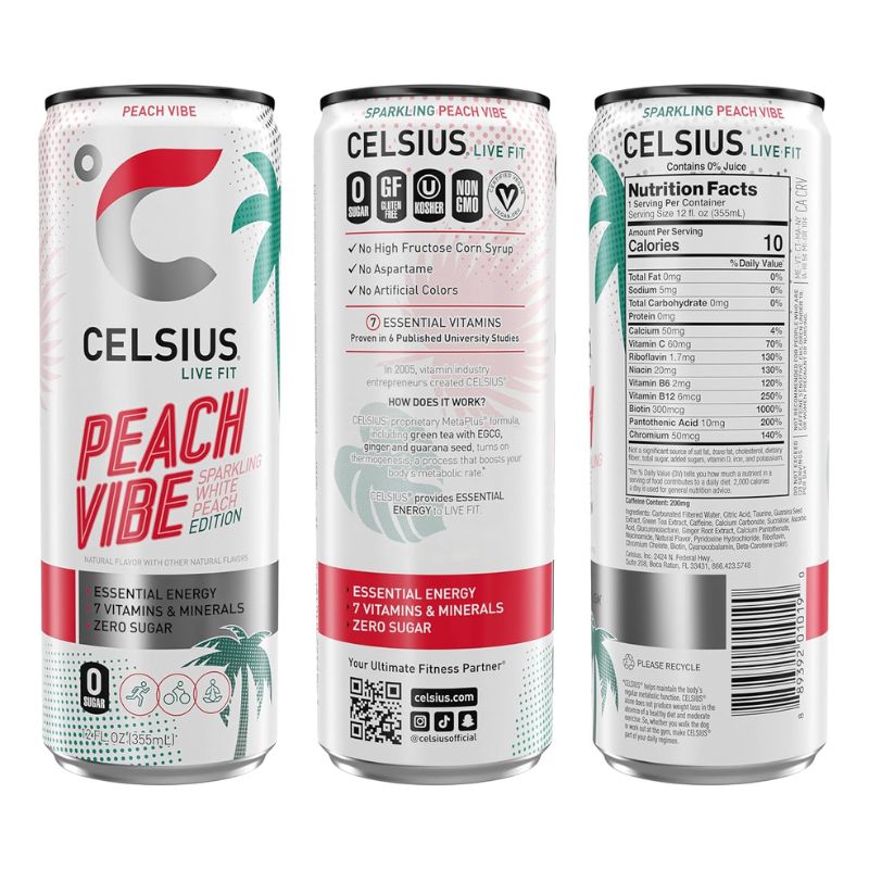 CELSIUS Sparkling Peach Vibe Functional Essential Refreshing Energy Drink - 355 ML Pack of Three | Fitaminat