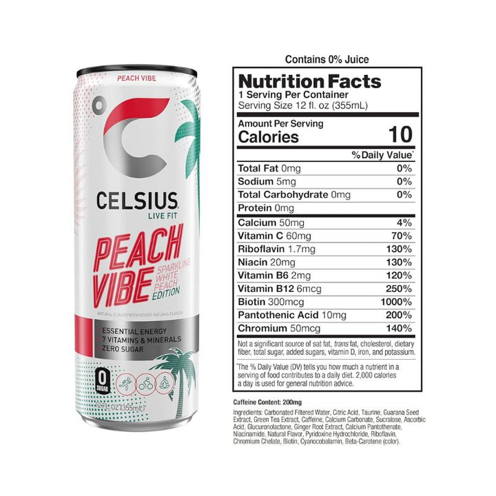 CELSIUS Sparkling Peach Vibe Functional Essential Refreshing Energy Drink - 355 ML Nutrition Facts | Fitaminat