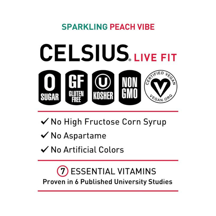 CELSIUS Sparkling Peach Vibe Functional Essential Refreshing Energy Drink - 355 ML Live Fit | Fitaminat