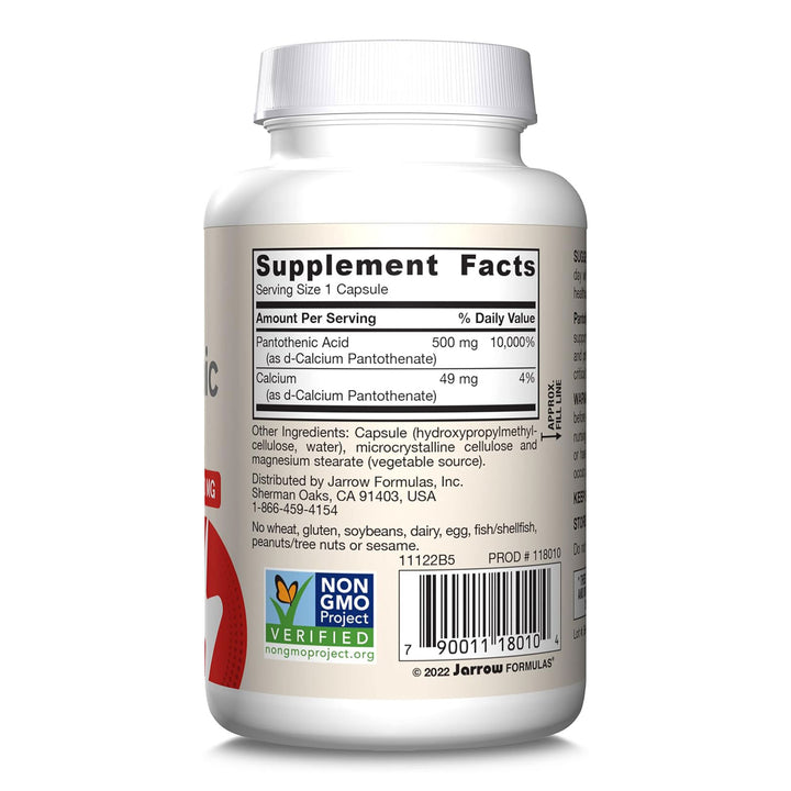 Jarrow Formulas Pantothenic Acid B5, 500 mg - 100 Veggie Capsules - Supplement Facts