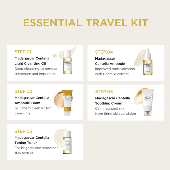 SKIN1004 Madagascar Centella Travel Kit, Toner, Ampoule, Soothing Cream, Cleansing Oil, Ampoule Foam