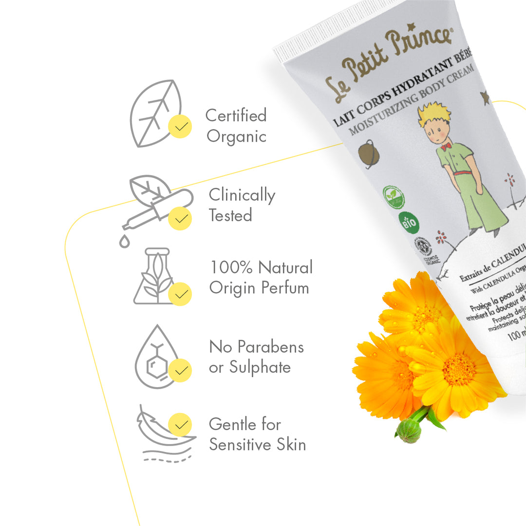 Le Petit Prince Moisturizing Body Cream Organic Jojoba Oil Calendula Flower Extract - 100 ML Certified Organic Clinically Tested No Paraben or Sulphate Gentle for Sensitive Skin | Fitaminat