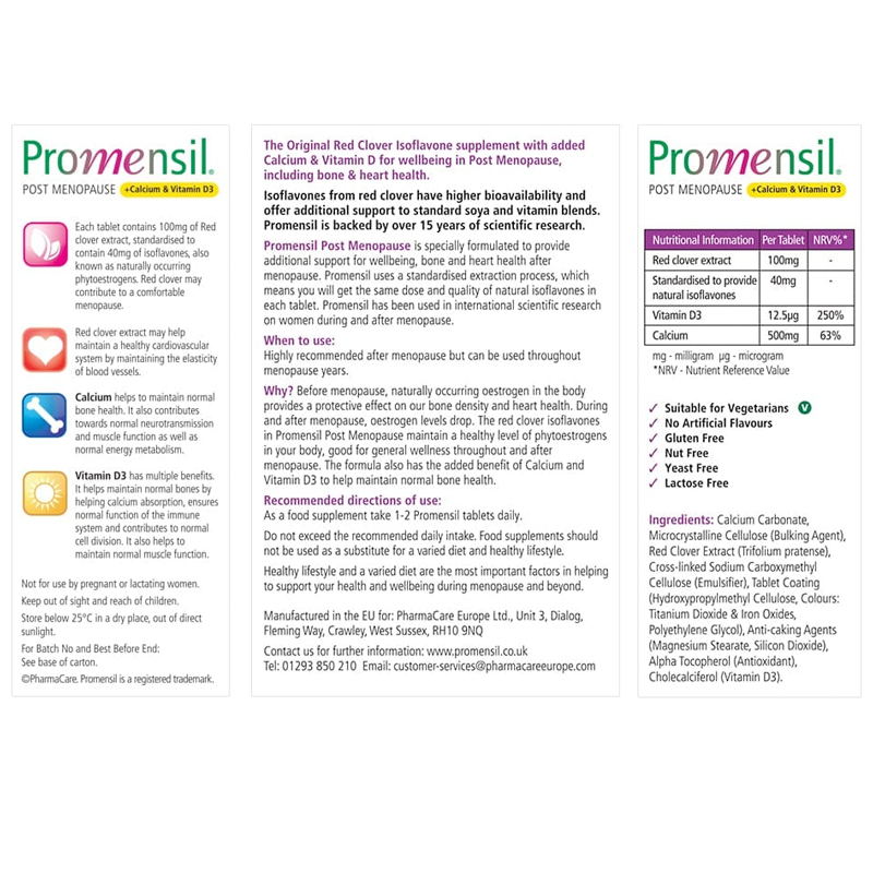 Promensil Post Menopause, Calcium and Vitamin D3 - 30 Tablets